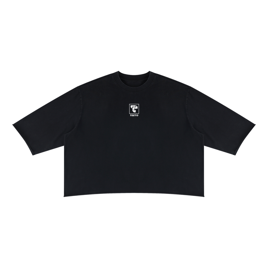 Teeto Mineral Wash Raw Hem Boxy T-Shirt in Black on a white background, front view.