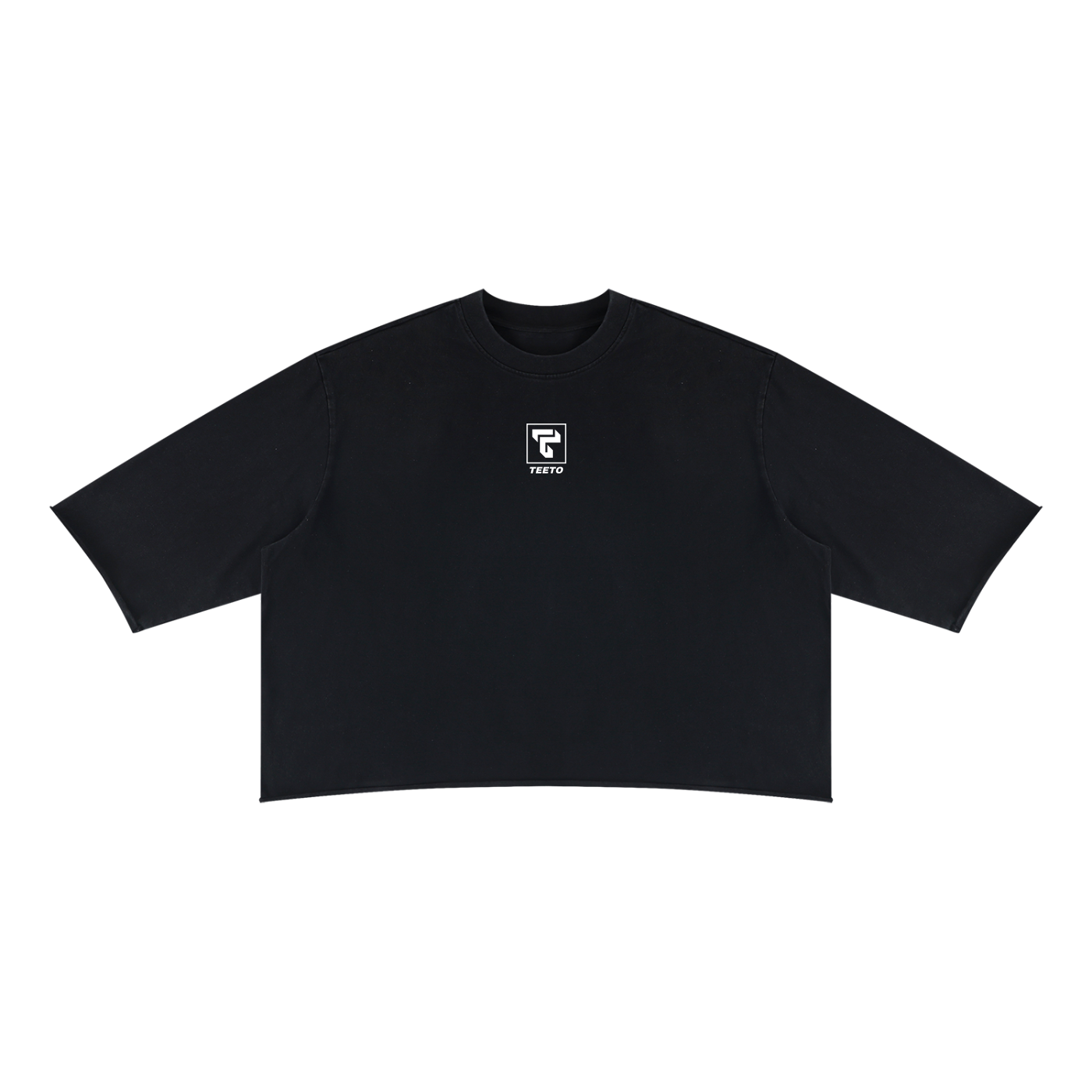 Teeto Mineral Wash Raw Hem Boxy T-Shirt in Black on a white background, front view.