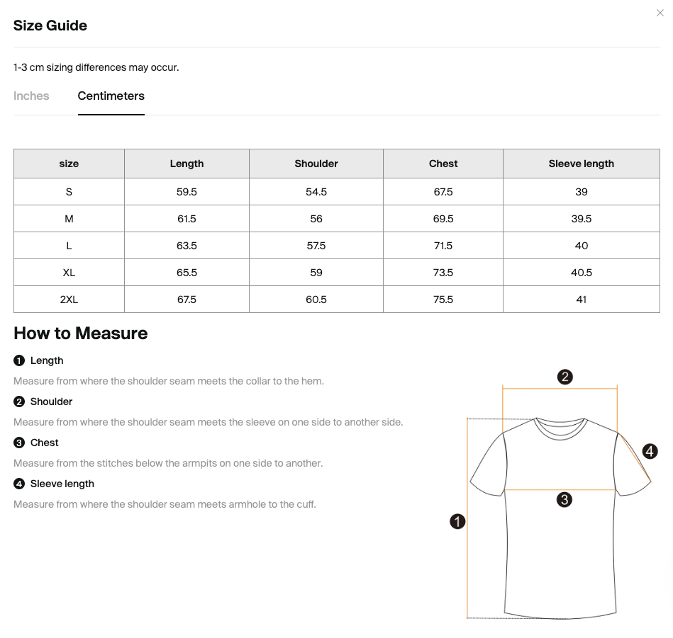 Size chart for the Teeto Mineral Wash Raw Hem Boxy T-Shirt with measurements in centimeters.