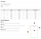 Size chart for the Teeto Mineral Wash Raw Hem Boxy T-Shirt with measurements in inches.