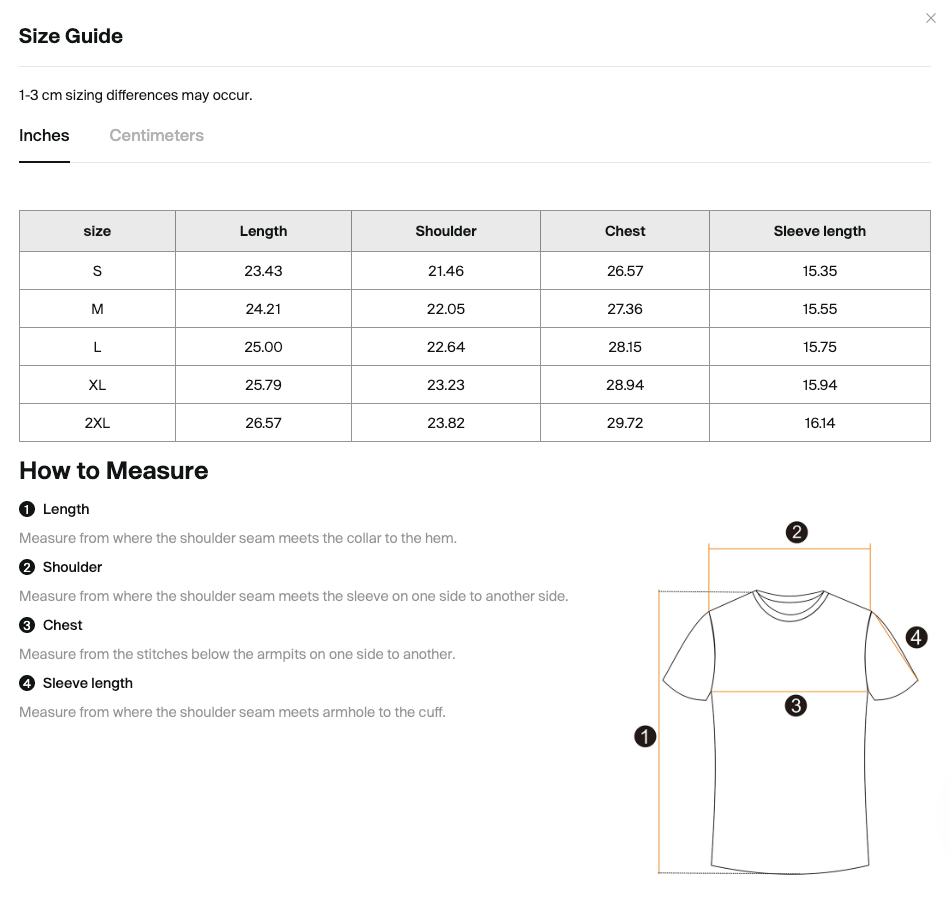 Size chart for the Teeto Mineral Wash Raw Hem Boxy T-Shirt with measurements in inches.