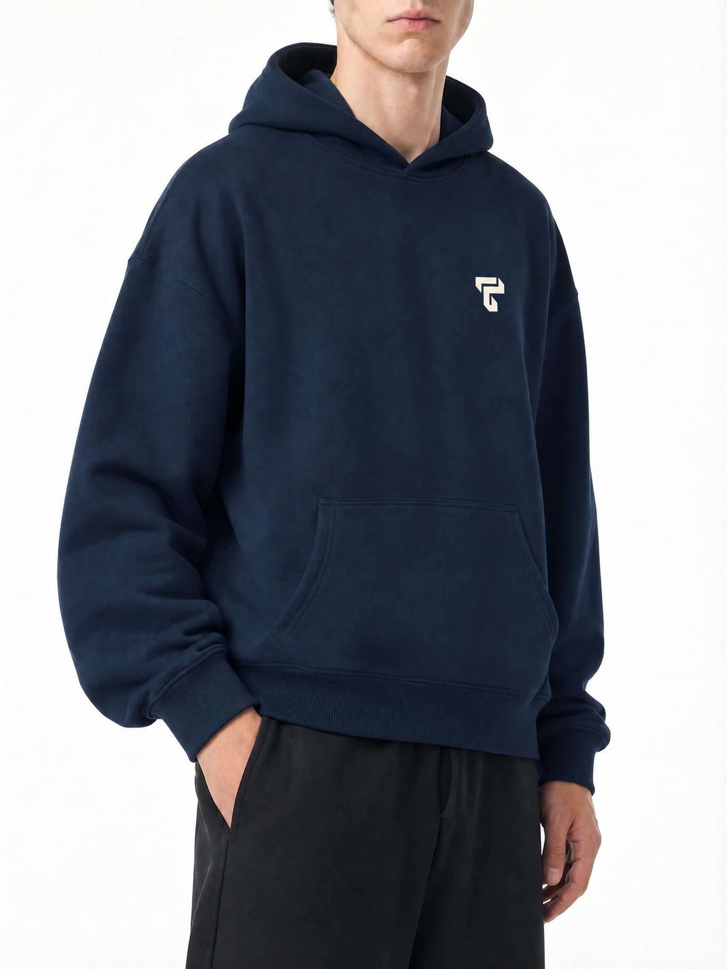 Teeto Oversize Fleeced Hoodie in Navy Blue worn by a model, front three-quarter view.