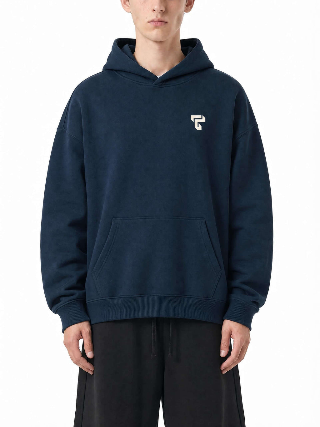 Teeto Oversize Fleeced Hoodie in Navy Blue worn by a model, front view.