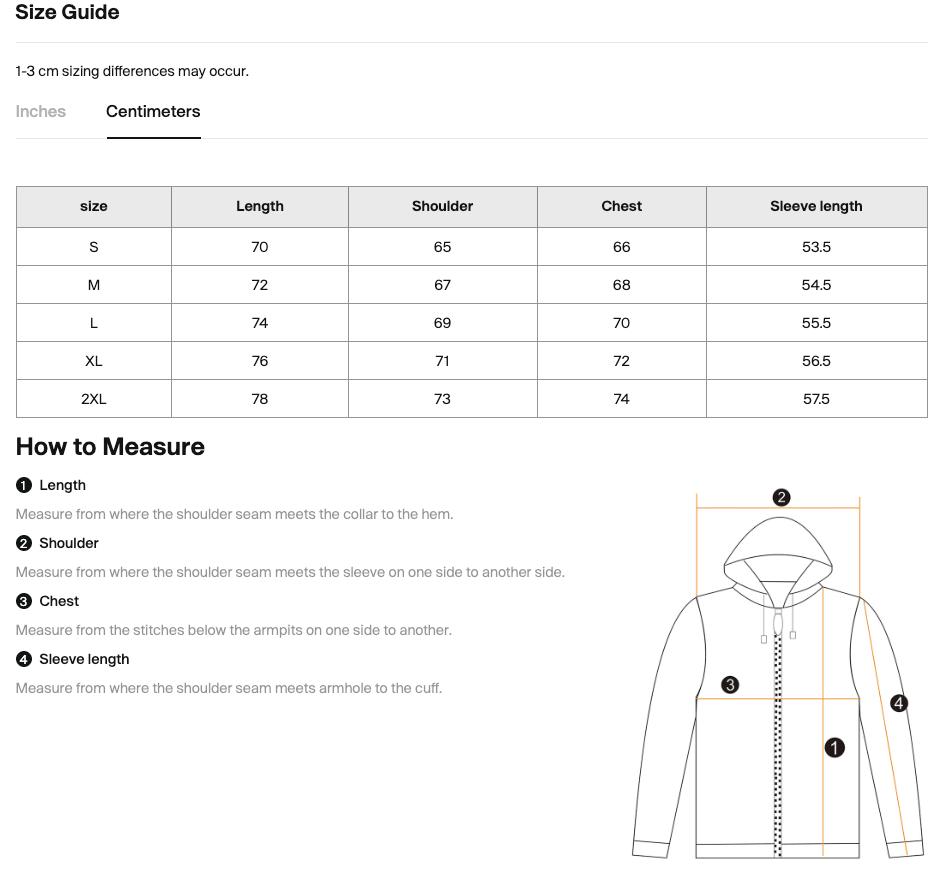 Size chart for the Teeto Oversize Fleeced Hoodie with measurements in centimeters.