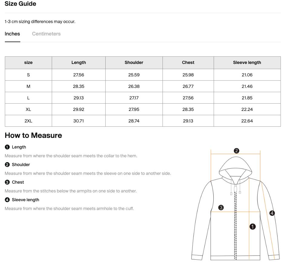Size chart for the Teeto Oversize Fleeced Hoodie with measurements in inches.