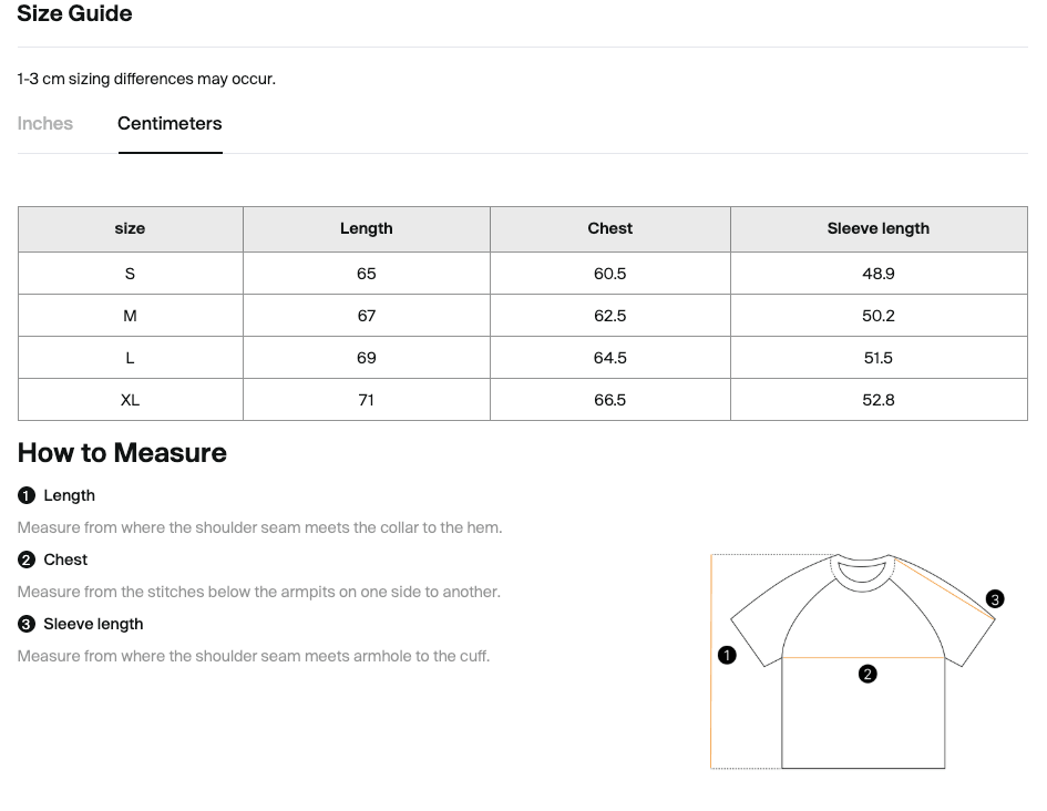 Size chart for the Teeto Heavyweight Boxy Piping T-Shirt with measurements in centimeters.