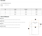 Size chart for the Teeto Raw Edge Boxy Non-Shrink T-Shirt with measurements in centimeters.
