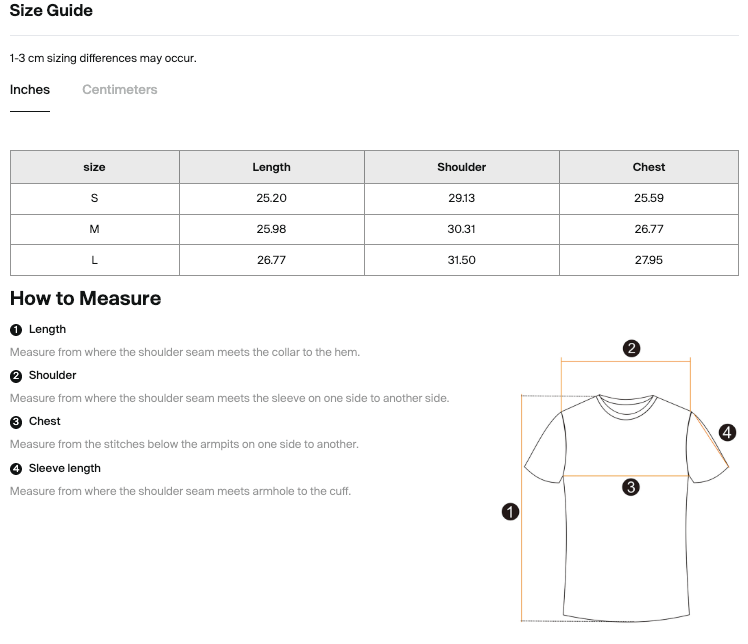 Size chart for the Teeto Raw Edge Boxy Non-Shrink T-Shirt with measurements in centimeters.