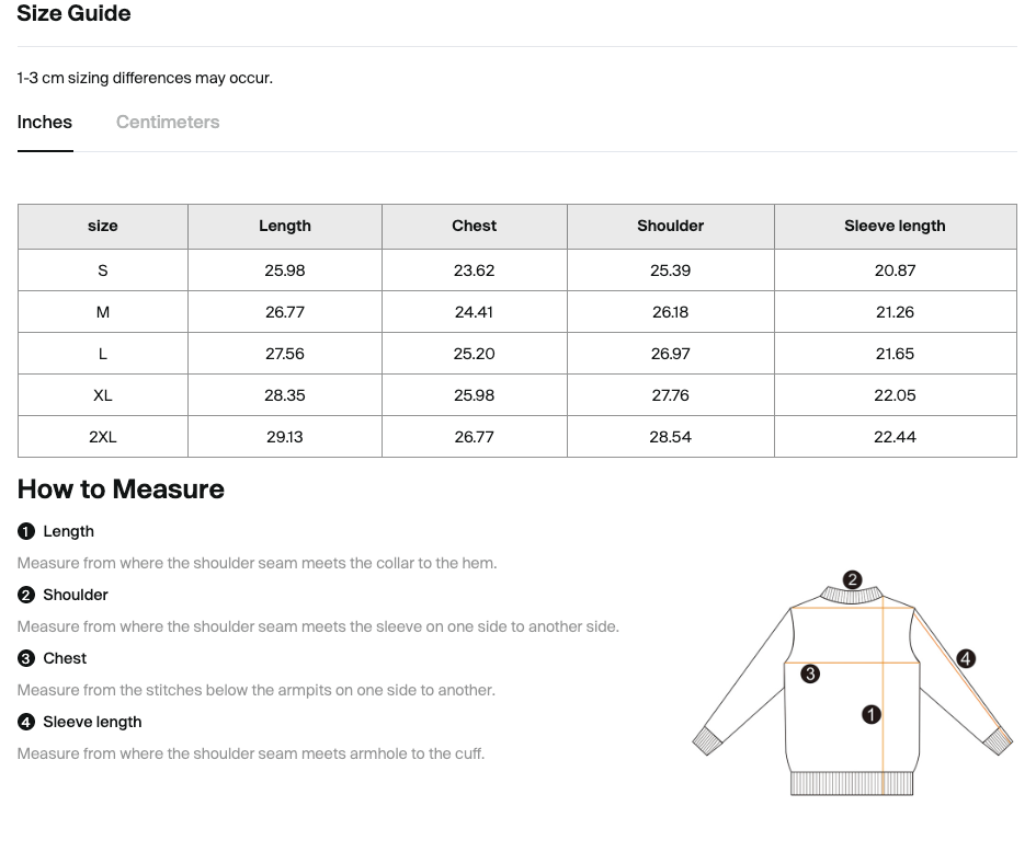 Size chart for the Teeto Waffle Raw Edge T-Shirt with measurements in inches.