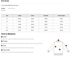Size chart for the Teeto Waffle Raw Edge T-Shirt with measurements in inches.