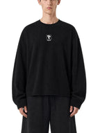 Teeto Waffle Raw Edge T-Shirt in Black worn by a model, front view.