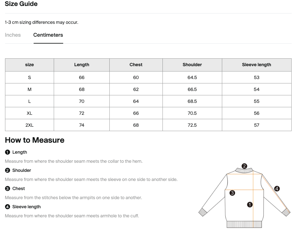 Size chart for the Teeto Waffle Raw Edge T-Shirt with measurements in centimeters.